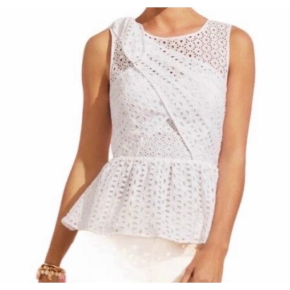 Lilly Pulitzer Diara White Eyelet Peplum Top Knotted Shoulder Sleeveless Size 6